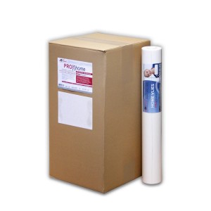 Karton und Rolle PROFHOME HomeVlies Glattvlies, überstreichbare Vliestapete, weiß.