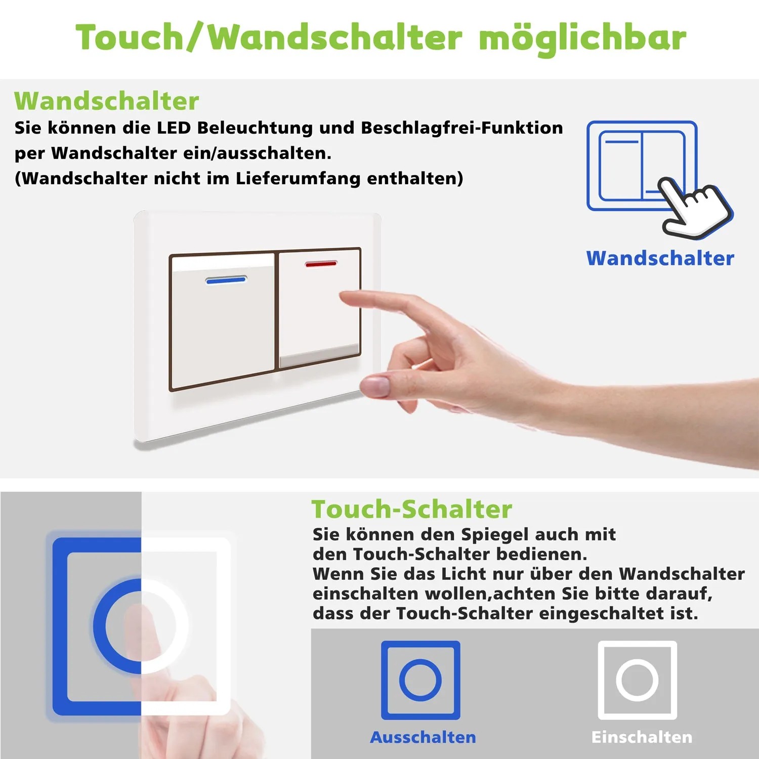 Optionale Schalter für Aica Badspiegel: Wandschalter und Touch-Schalter zur Steuerung von Licht und Beschlagfreiheit.