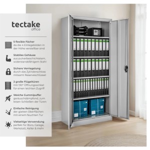 Grauer Tectake Aktenschrank aus Stahl mit zwei Flügeltüren, gefüllt mit Ordnern und Zubehör.