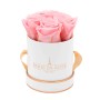 Rosenbox mit 4 rosa Rosen in weiß-roségoldener Box (Ø 10cm).