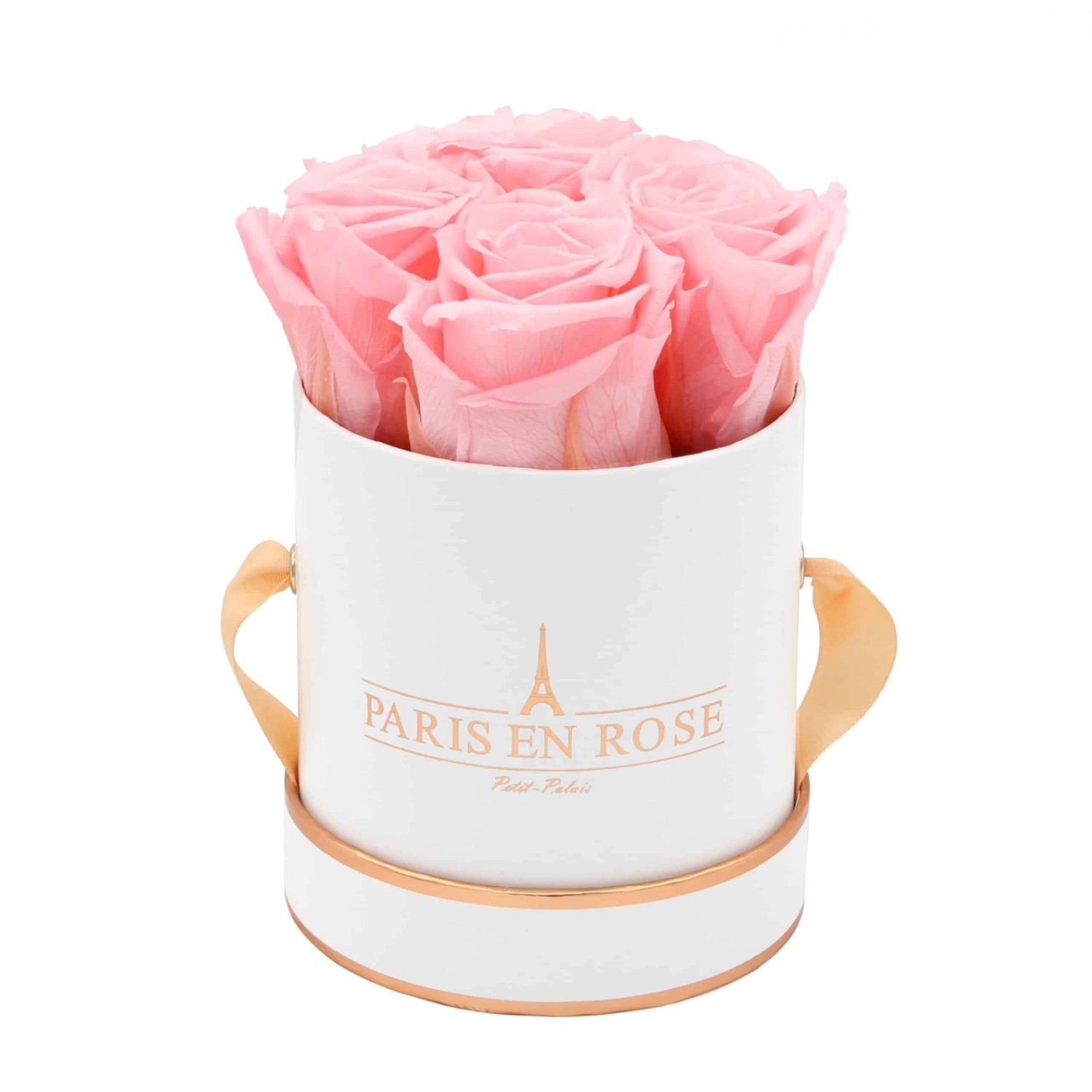 Rosenbox Ø 10 cm Weiß-Roségold mit 4 Rosa Rosen