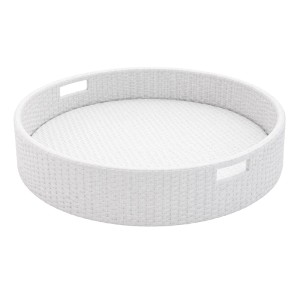 Rundes, weißes Schwimmtablett in Rattan-Optik mit Griffen. Ideal für Pool und Jacuzzi.