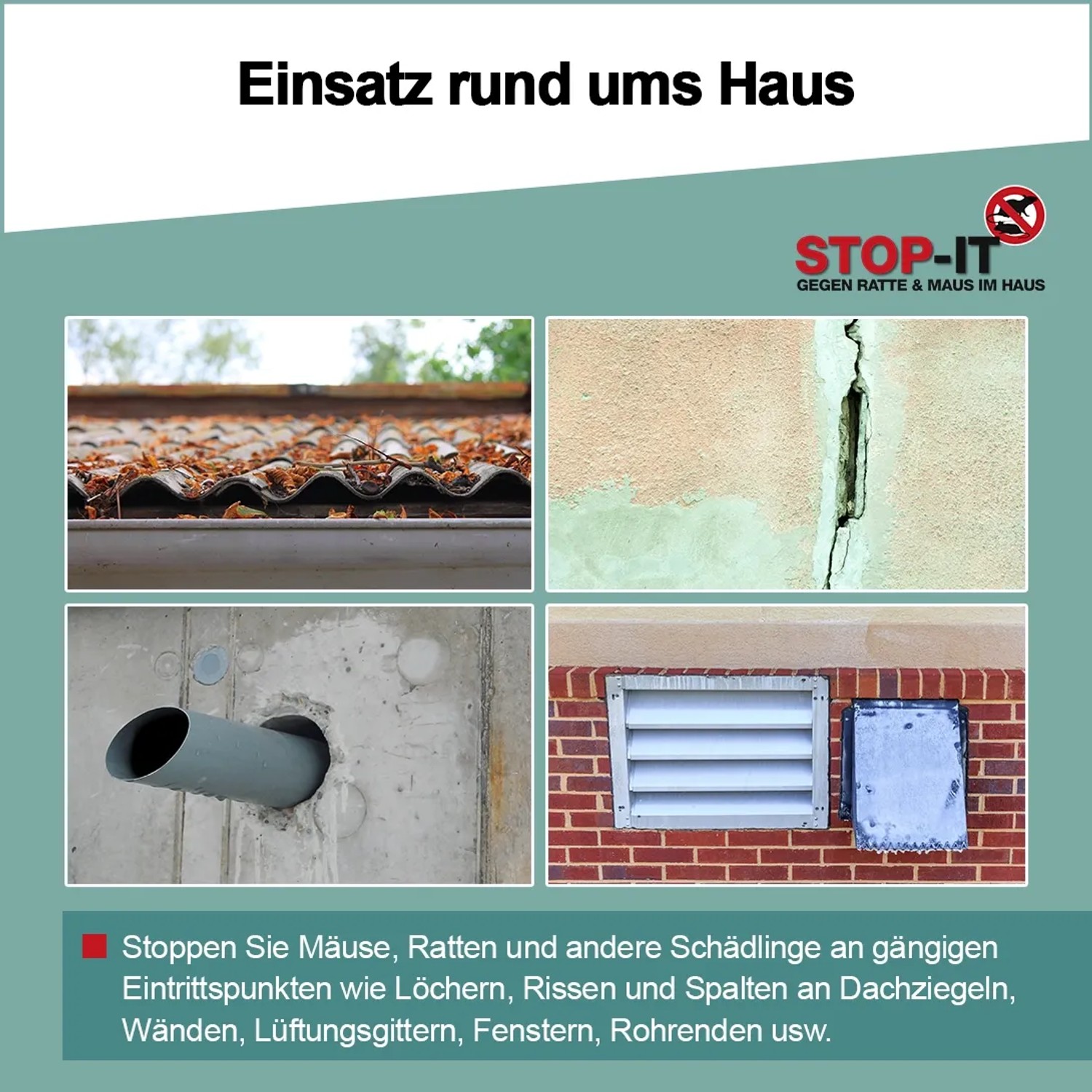 RAKSO Stop-it: Anwendungsbeispiele zur Ratten- und Mäuseabwehr an Hausfassade, Dach, Lüftung und Rohren.