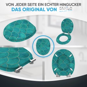 Sanilo WC-Sitz Aquarell mit Absenkautomatik, Holz, türkis mit goldenem Schuppenmuster.