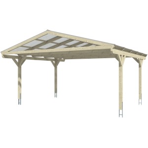 Skan Holz Carport Westerwald, Eiche hell, Doppelcarport mit Doppelstegplatten und 4 Pfosten.