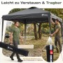 Grauer Sekey Faltpavillon 3x3m mit Seitenteilen im Freien. Mann trägt Transporttasche, anderer verstellt Höhe per Knopfdruck. Pop Up Partyzelt.