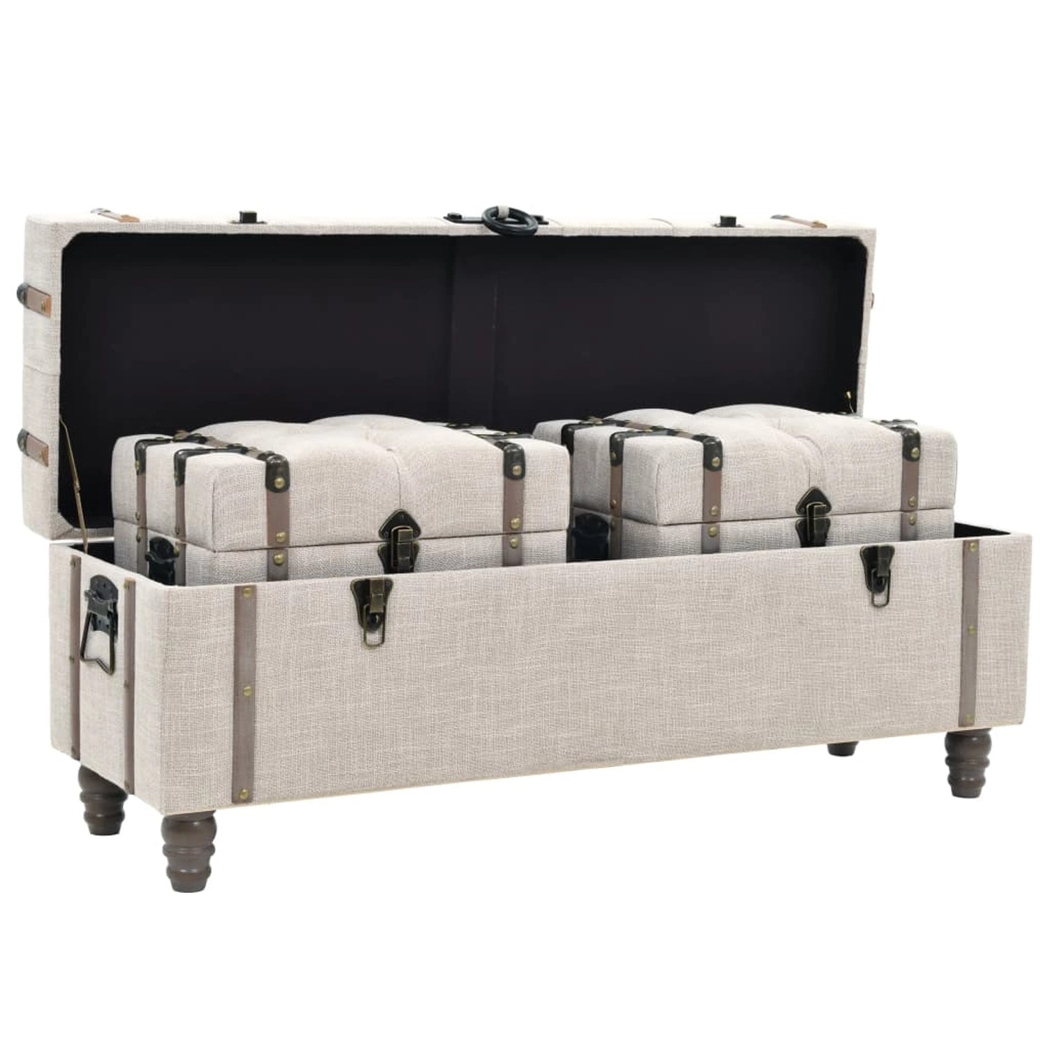 vidaXL Aufbewahrungsbank Set, 3-teilig, cremeweißes Massivholz und Stahl, Möbel zur Aufbewahrung mit gepolsterter Sitzfläche.