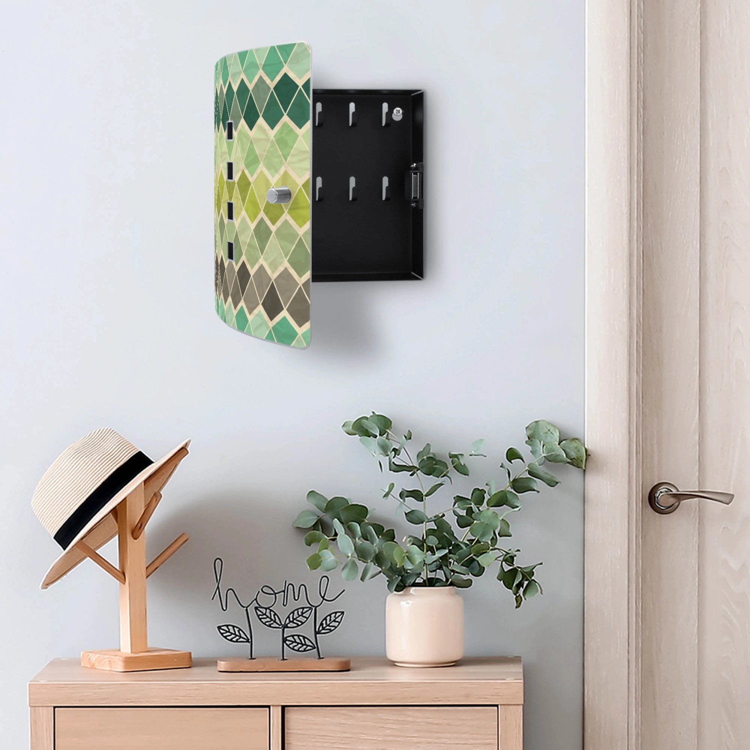 Offener Banjado Design Schlüsselkasten Edelstahl, Motiv Vier Farben Grün, 10 Haken.