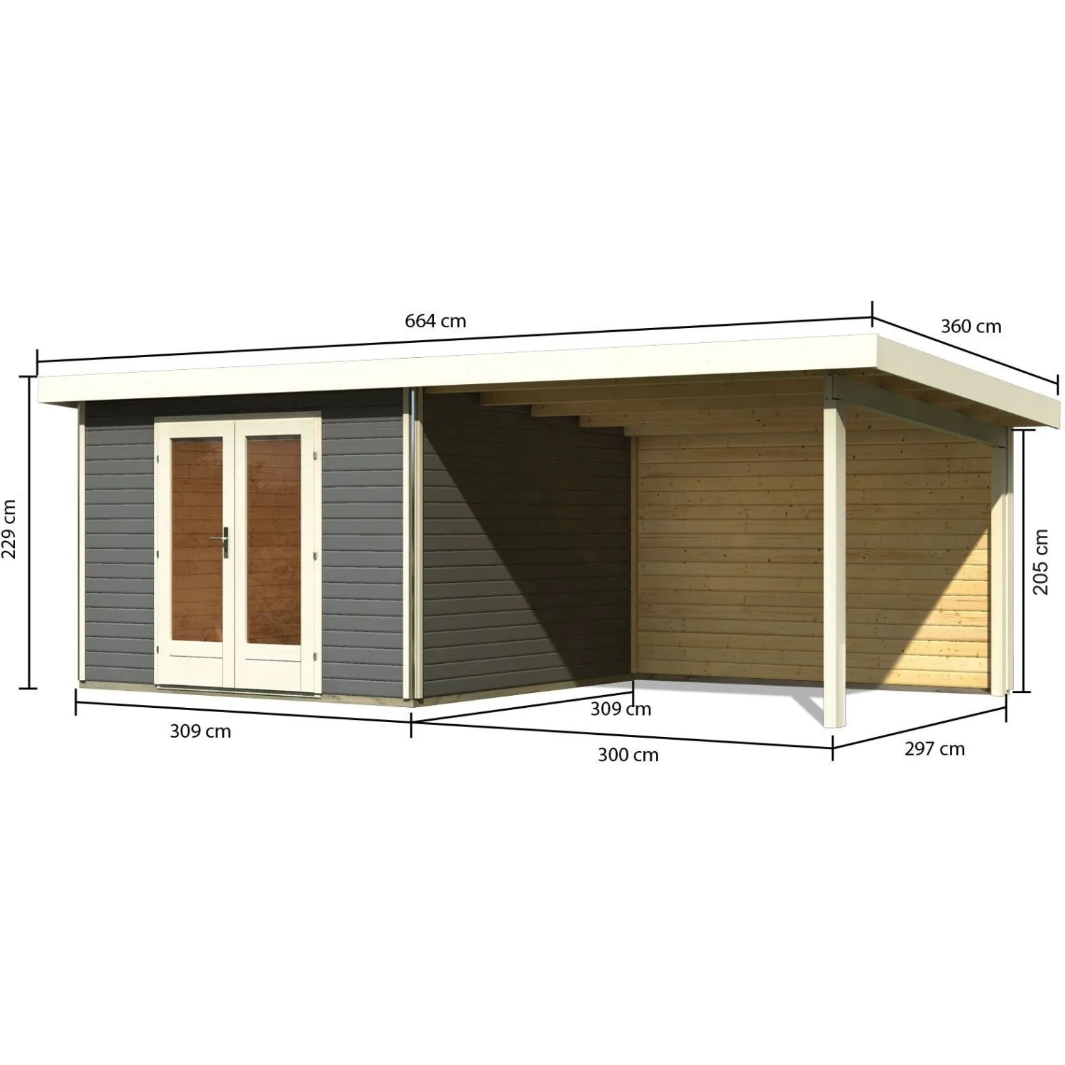 Karibu Holz-Gartenhaus Norrköping in Terragrau mit Pultdach und Anbau, Maße eingezeichnet.