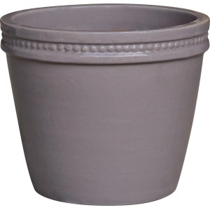 Grauer, glasierter Keramik Übertopf, konische Form, 30x30x27 cm. Dekorative Bordüre.