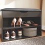 Schwarze Schuhbank mit gepolsterter Sitzfläche und zwei offenen Fächern für Schuhe und Aufbewahrung.