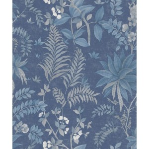 Blaue Vliestapete mit tropischen Blättern und weißen Blüten. Dekorative Tapete mit botanischem Muster.