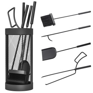 Outsunny Kaminbesteck, 5-teilig, schwarz, mit Korb: Besen, Schaufel, Zange, Schürhaken.