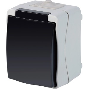 Graue 1-fach Feuchtraum Steckdose IP54 mit Klappdeckel für Aufputzmontage.