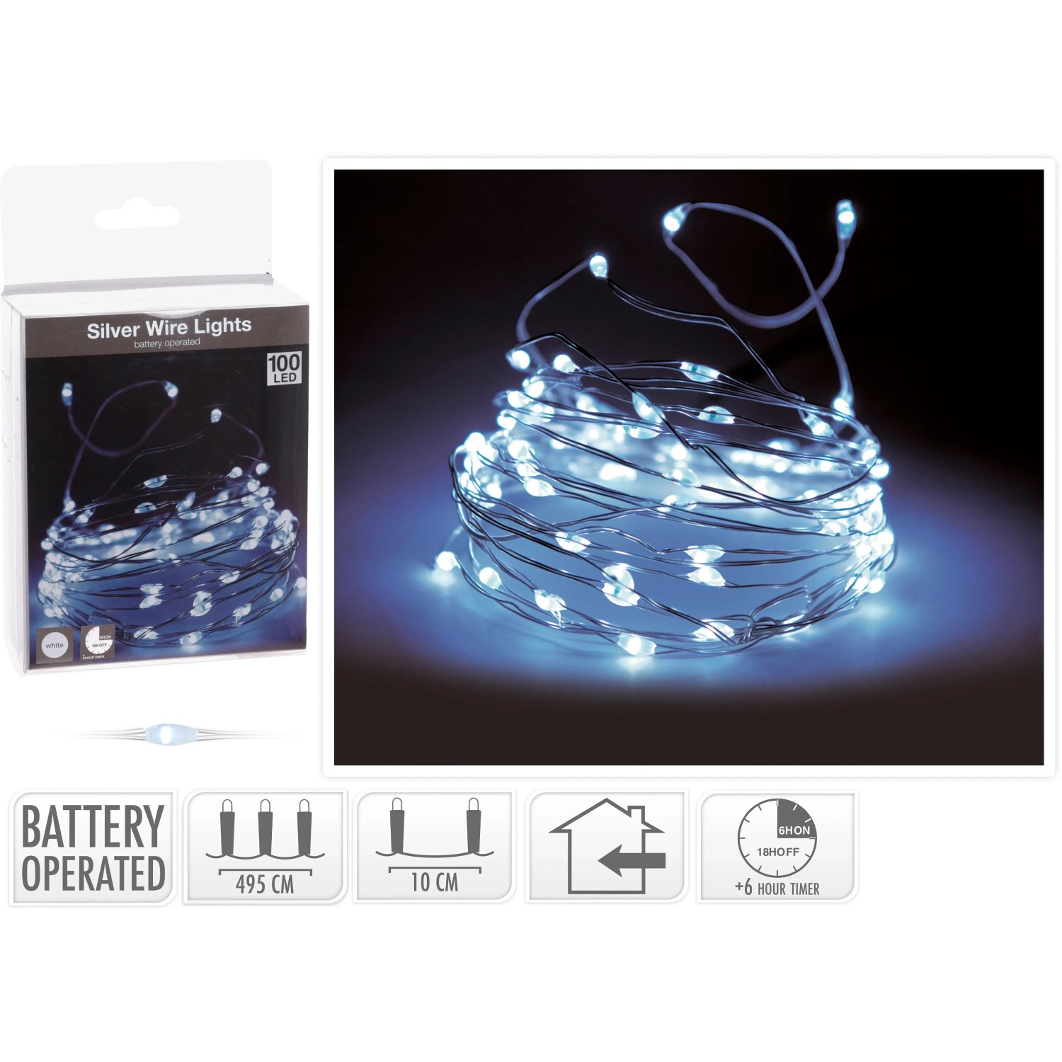 LED Lichterkette 100 kaltweiße LEDs Silberdraht innen batteriebetrieb