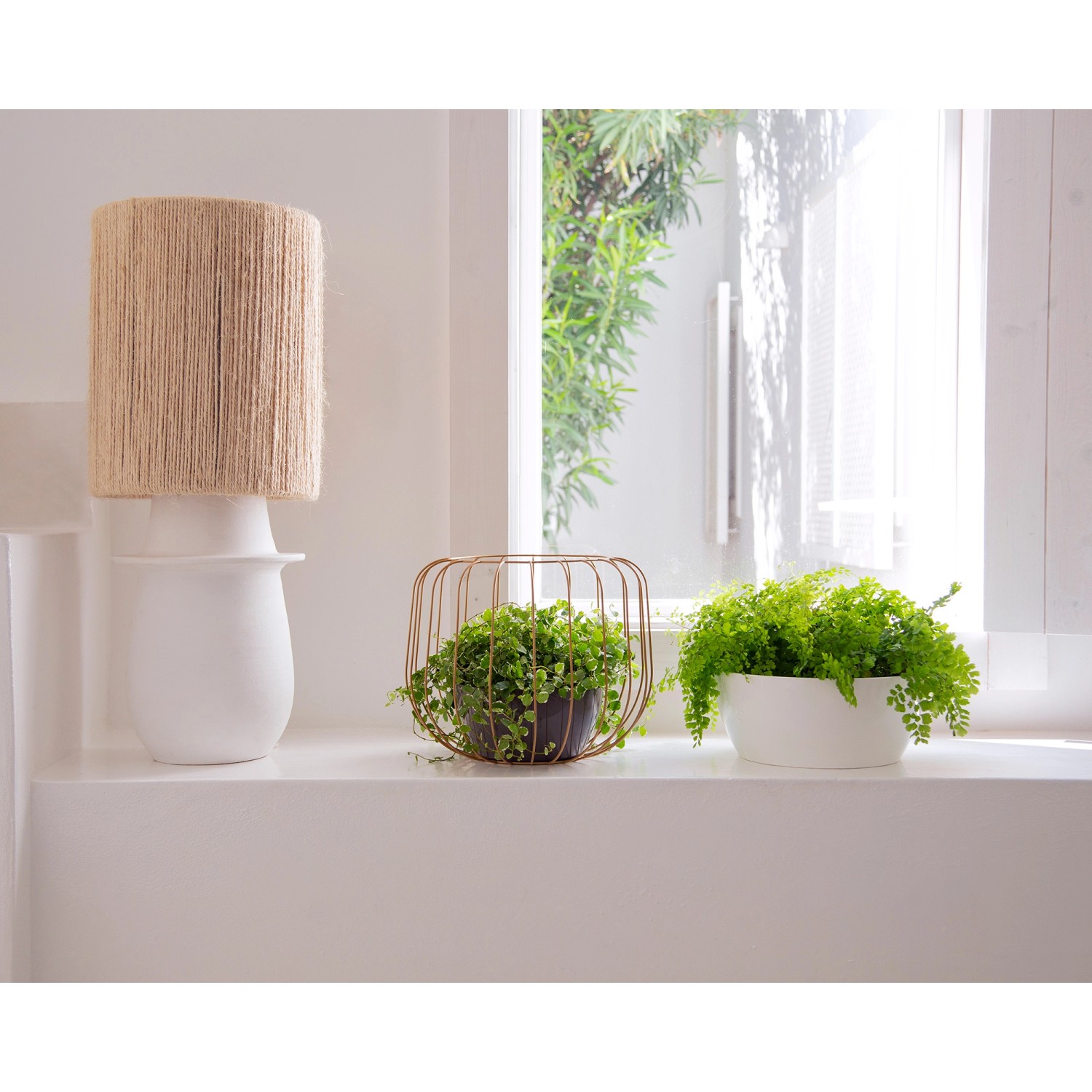 Weiße Artevasi San Remo Schale (Ø 23 cm) mit Pflanze, neben Lampe und weiterer Pflanzschale.