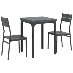 Kompakte HOMCOM Essgruppe: quadratischer Tisch und zwei Stühle in Grau-Schwarz mit Holzoptik, Metallrahmen.
