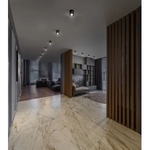 Schwarze Osram Deckenleuchte Spot Surface Round GU10 im modernen Wohnraum.