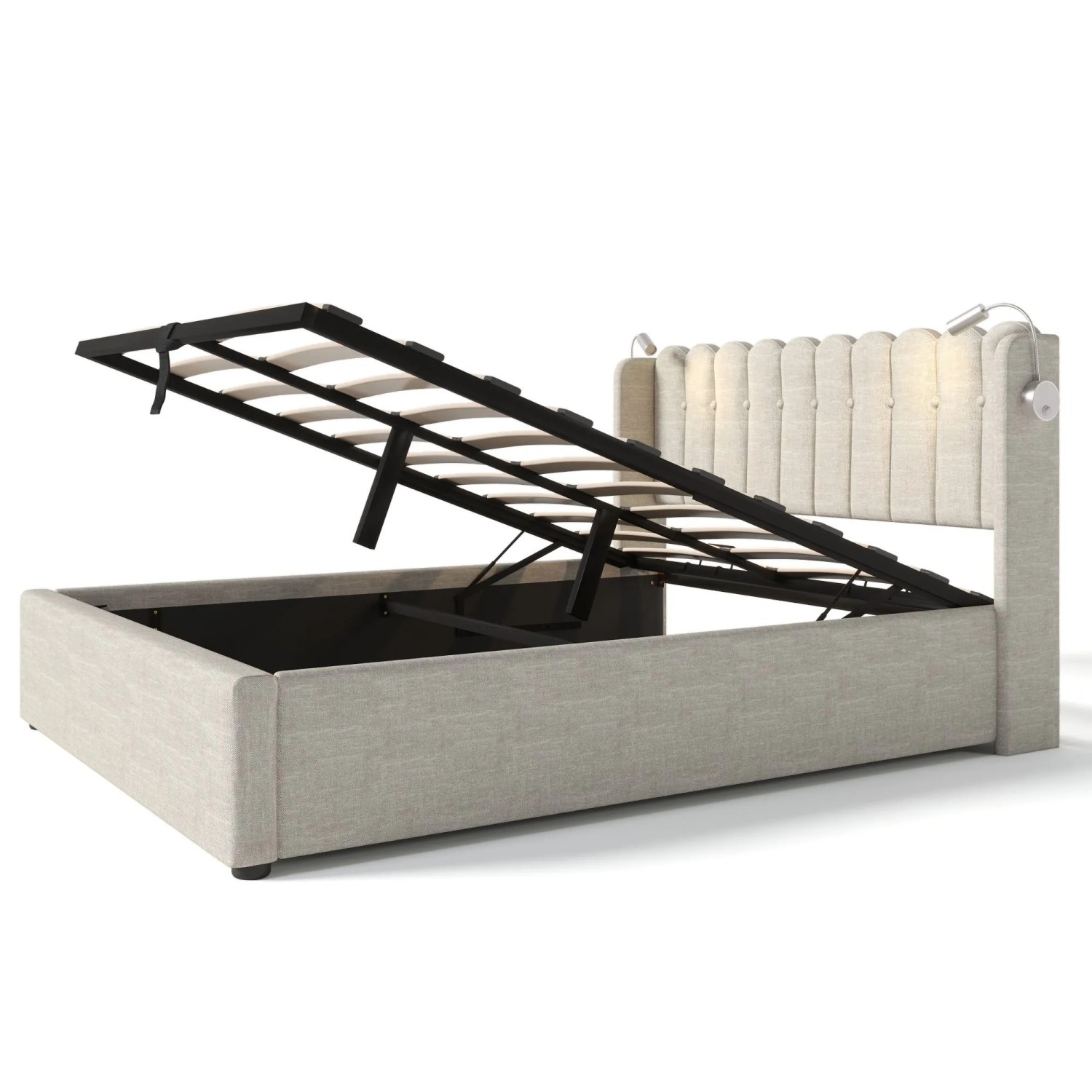 okwish Polsterbett 140x200cm mit Leselicht Stauraum Jugendzimmer Beige ohne Matratze