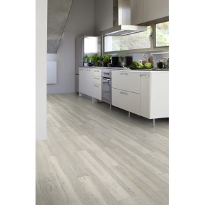 Gerflor Vinylboden Senso Rustic Urban Ceruse Blanc in Küche, helle Holzoptik, selbstklebend.