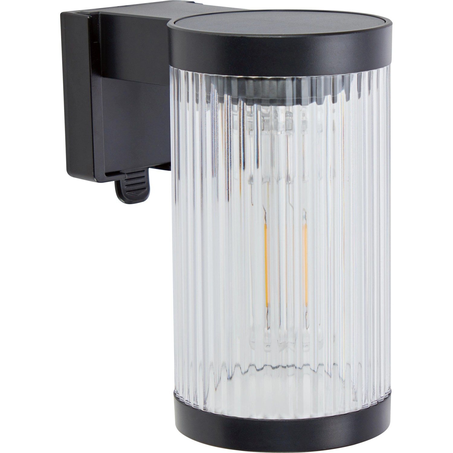 Schwarze Solar-LED-Wandleuchte (14,5x8x12cm) für den Außenbereich.