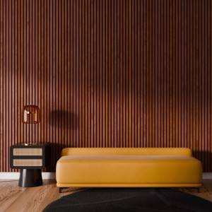 Akustikpaneel Wandverkleidung Walnuss geölt, montiert an einer Wand hinter einem gelben Sofa.