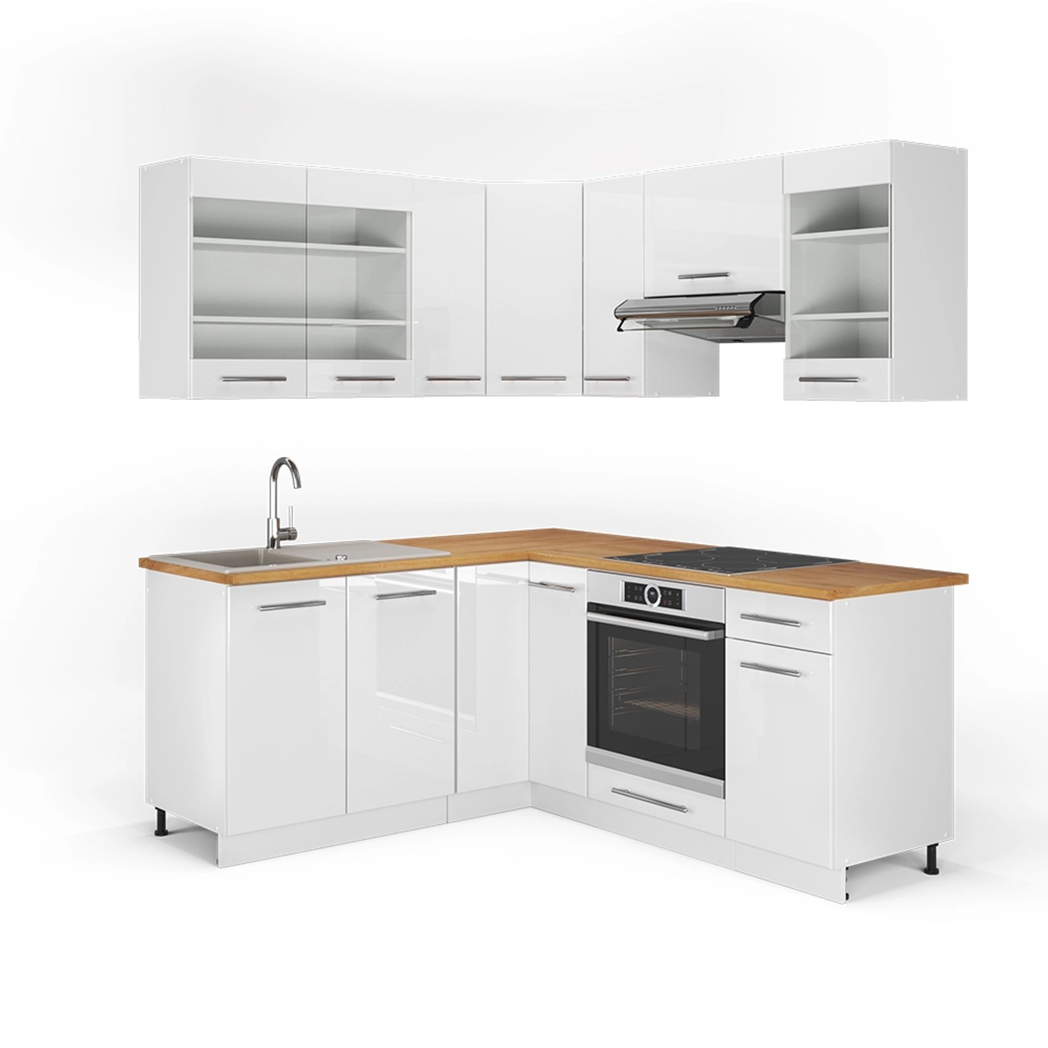 Vicco Fame-Line Eckküche Weiß Hochglanz/Weiß 160 x 190 cm AP Eiche günstig online kaufen