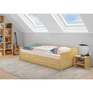 Helles Kiefernholz Sofabett 90x200 cm mit ausziehbarem Gästebett. Ideal für Kinder- oder Gästezimmer.