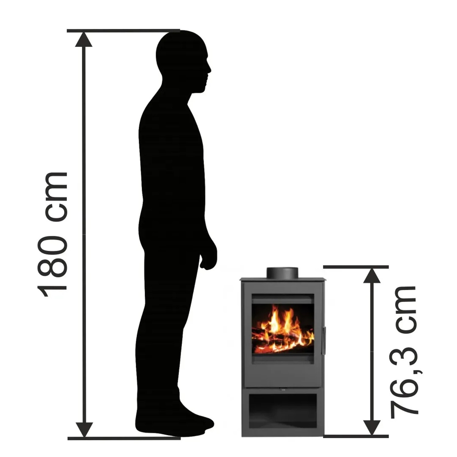 Victoria Kaminofen Parma: Größenvergleich mit Person (180cm), Höhe Ofen: 76,3cm.