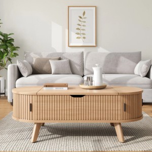 Merax Couchtisch Oval Höhenverstellbar Schiebetüren Stauraum Rillenoptik