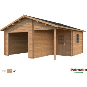 Palmako Holzgarage Roger, braun tauchgrundiert, 510x550cm, mit Nebeneingangstür und Fenster.
