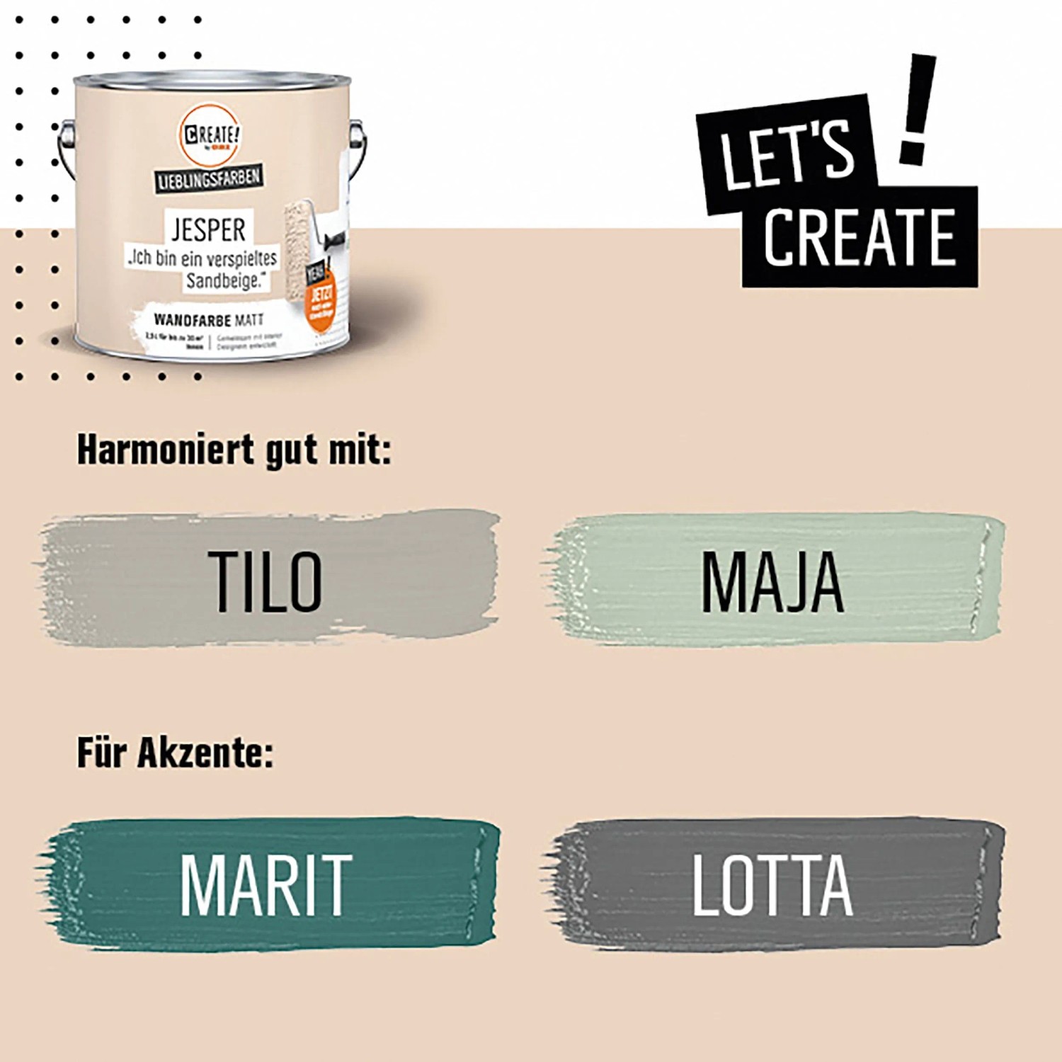 CREATE! by OBI Wandfarbe Jesper Sandbeige, matte Innenfarbe. Farbtipps: Tilo, Maja, Marit, Lotta.