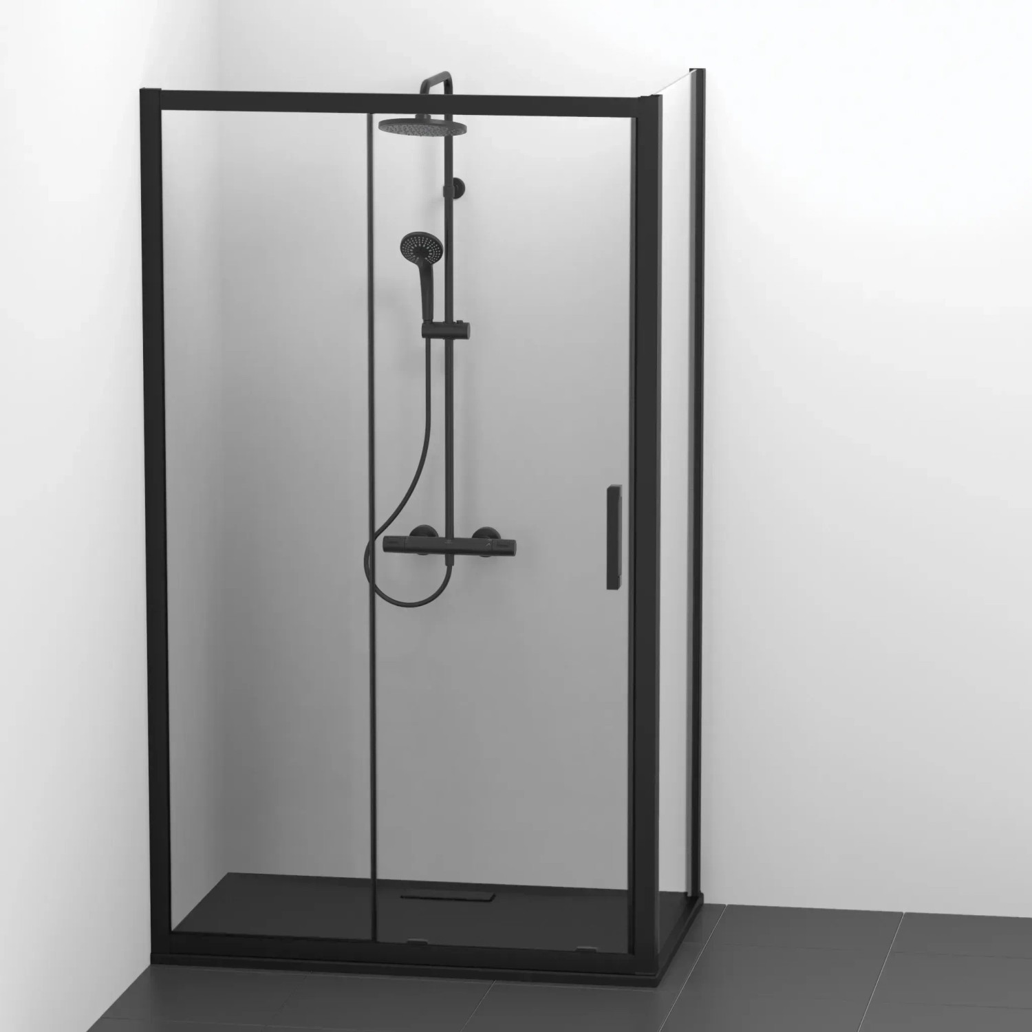 Schwarze Ideal Standard Duschwanne Extraflach Rechteck 120x80 mit Duscharmatur.