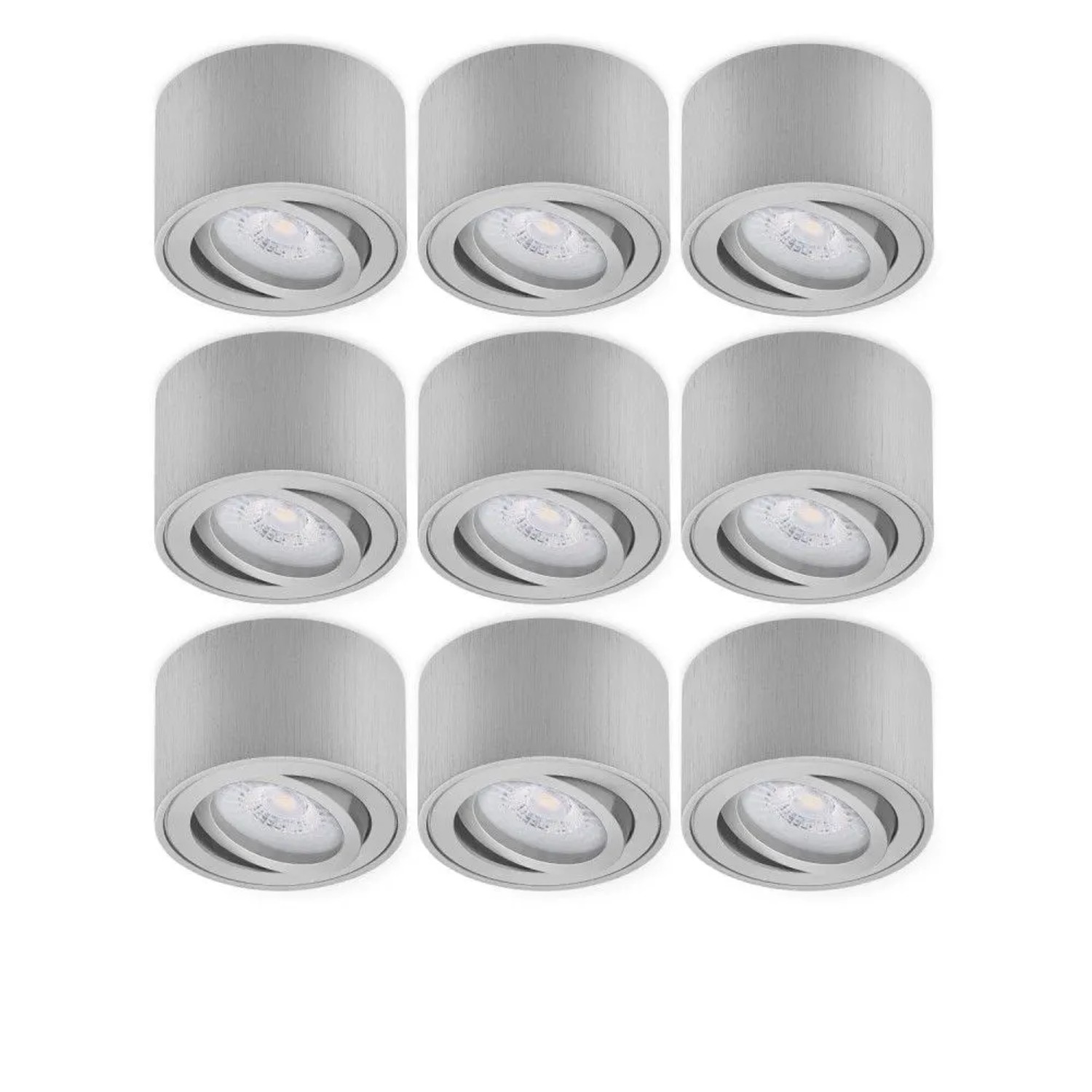 Oktaplex Lile S 9er Set LED-Deckenspots Aufputz Alu Gebürstet Energieklasse A Schwenkbar 3000K Warmweiß Aufbaustrahler