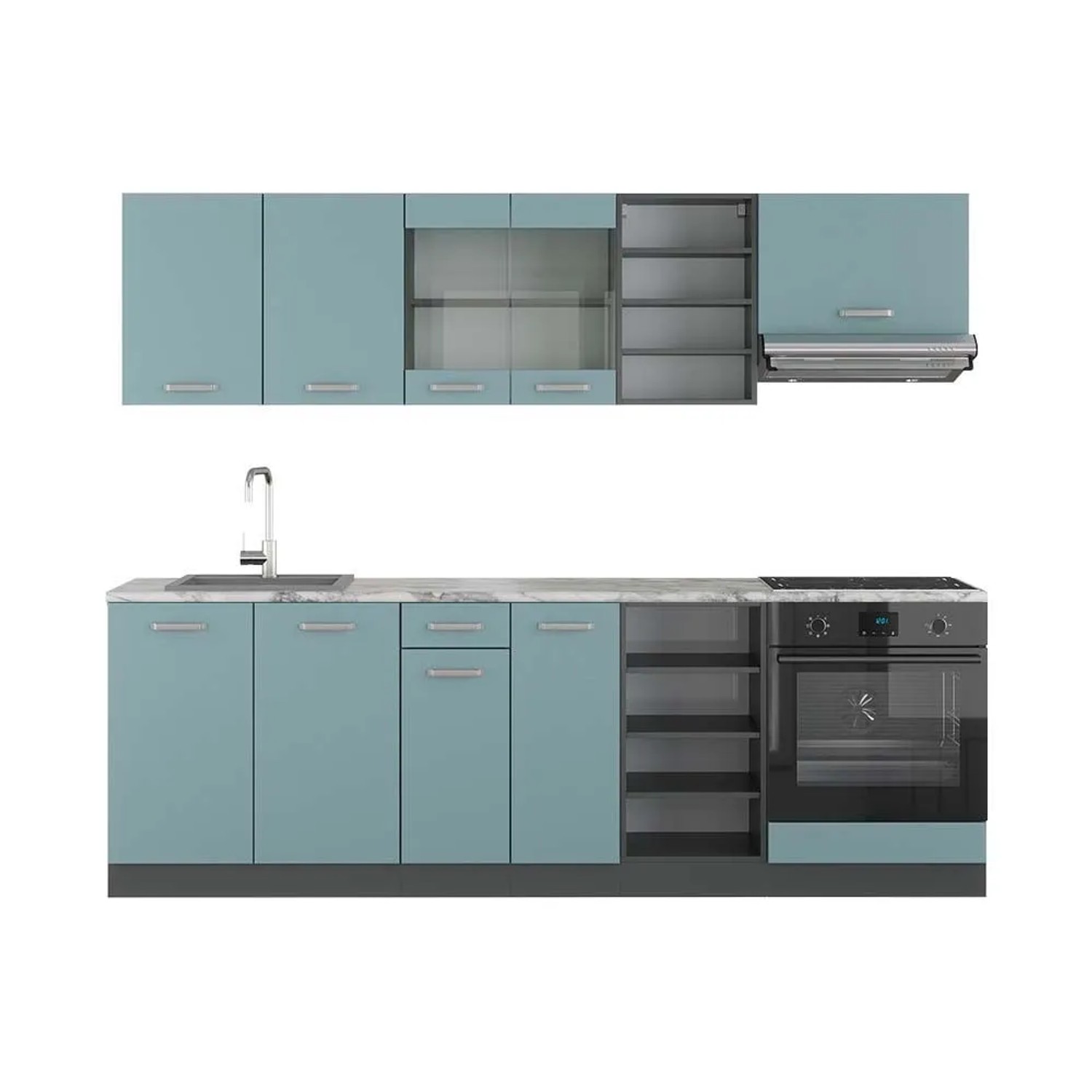 Vicco R-Line Küchenzeile Blau-Grau Anthrazit 240 cm AP Marmor ohne E-Geräte