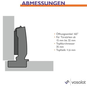 Zeichnung eines Hettich Weitwinkelscharniers 165° mit Dämpfung und Montageplatte.