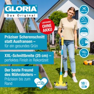 Gloria Finecut 18V Rasen- und Kantenschneider im Einsatz. Akku-Grasschere für präzise Rasenkanten, gelb/blau.