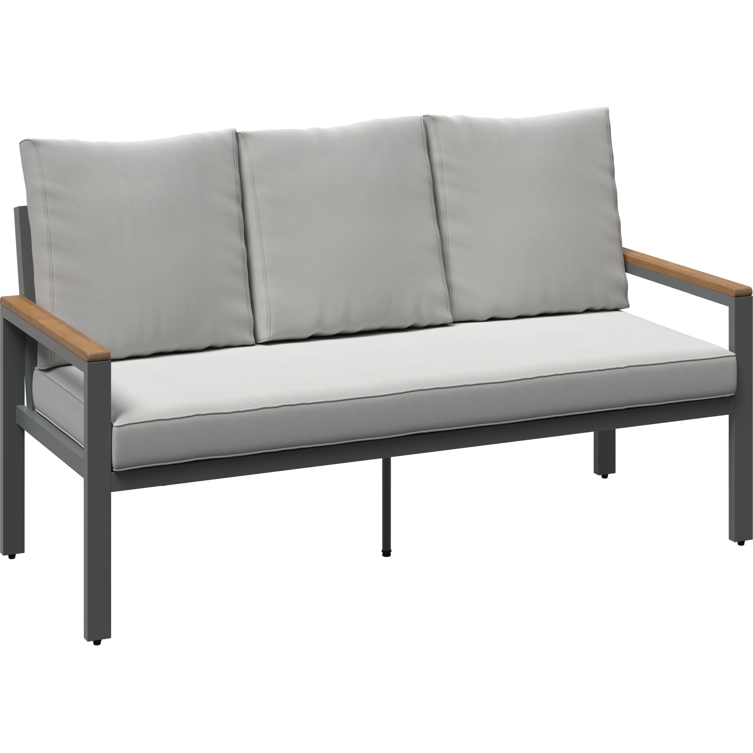Loungegruppe Moonbeam: 3-Sitzer Bank mit anthrazitfarbenem Gestell, beigen Polstern und Akazienholz-Details.