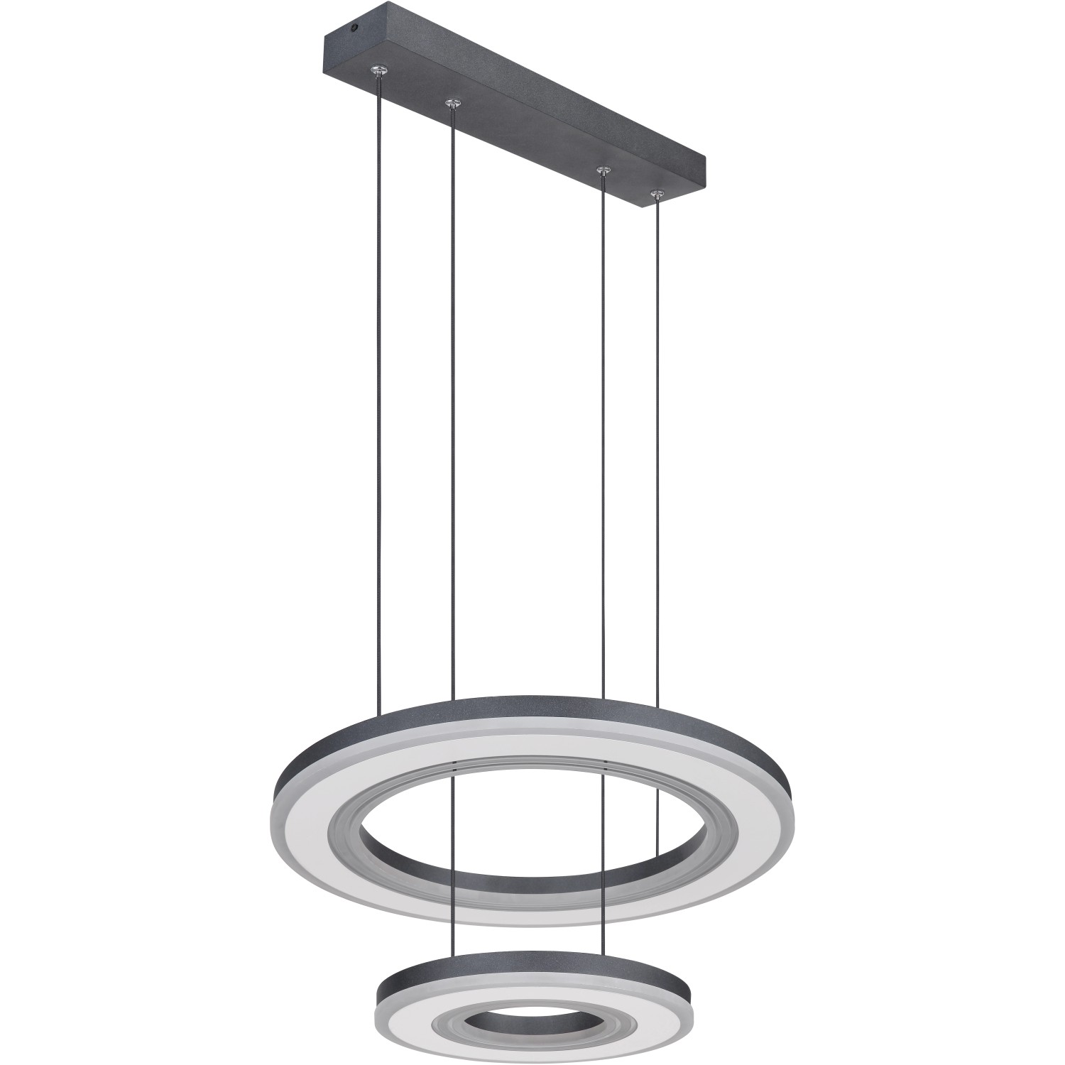 Moderne LED-Pendelleuchte Blasius, schwarz, mit zwei Ringen. Dimmbar und mit Fernbedienung.