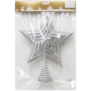 Baumspitze Stern aus Metall mit silbernem Glitzer, 20x25 cm, Weihnachtsdekoration.