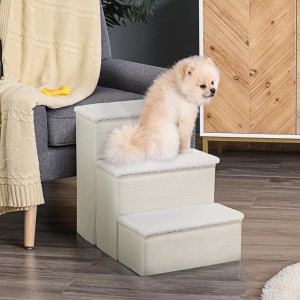 PawHut Haustiertreppe mit 3 Stufen und Stauraum, beige, mit kleinem Hund.