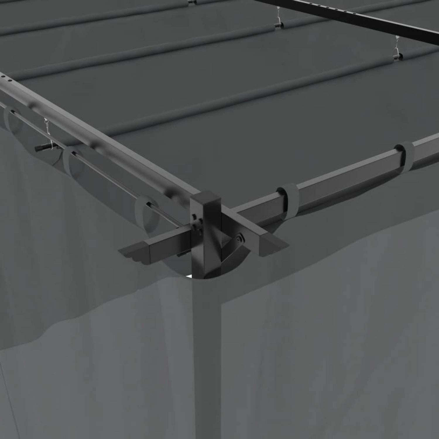 Detailaufnahme: Anthrazitfarbener vidaXL Pavillon 6x3 m mit Stahlrahmen und Vorhängen.