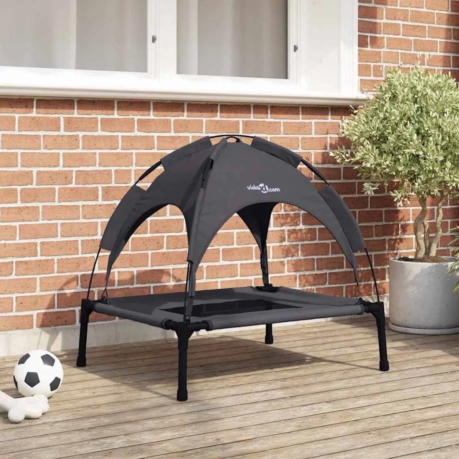 Schwarzes vidaXL Hundebett 76x62x70,5 cm aus Stahl mit Sonnendach für den Garten.