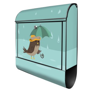 Türkiser Briefkasten mit Regen-Motiv: Vogel mit Schirm und Zeitungsfach. Design von Banjado.