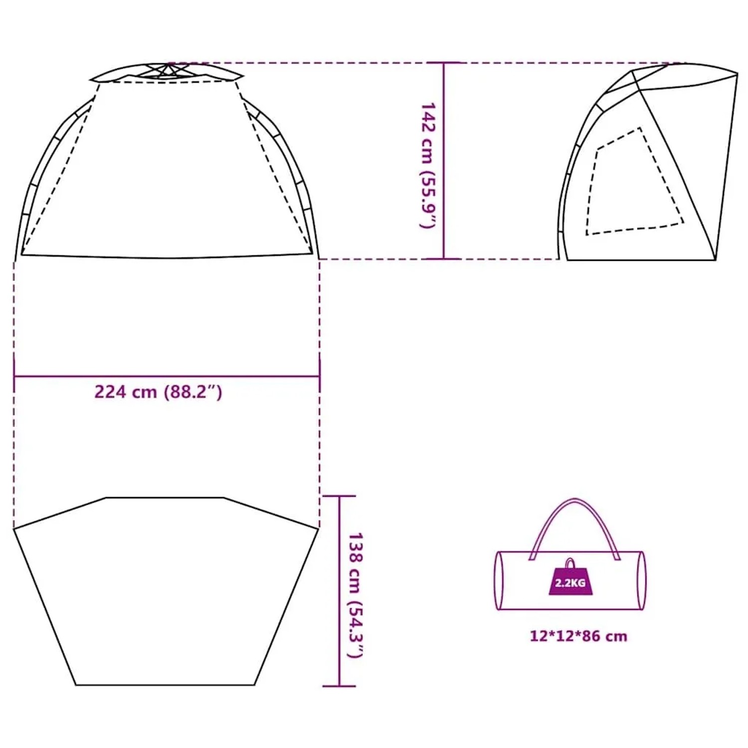 Skizze: vidaXL Strandzelt azurblau, Maße, Packmaß, Gewicht. Ideal für Camping & Strand.