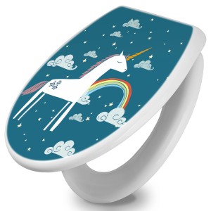 Weißer WC-Sitz mit Absenkautomatik und Einhorn-Motiv für Kinderzimmer oder Bad.