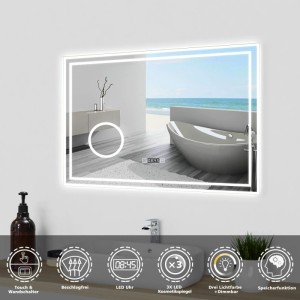 Aica Badspiegel 80x60 cm mit LED-Beleuchtung, integrierter Uhr, dimmbarem Schminkspiegel und Anti-Beschlag.
