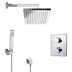 Eckiges PaulGurkes Regendusche Unterputz Duschset mit Thermostat und Handbrause, verchromt.