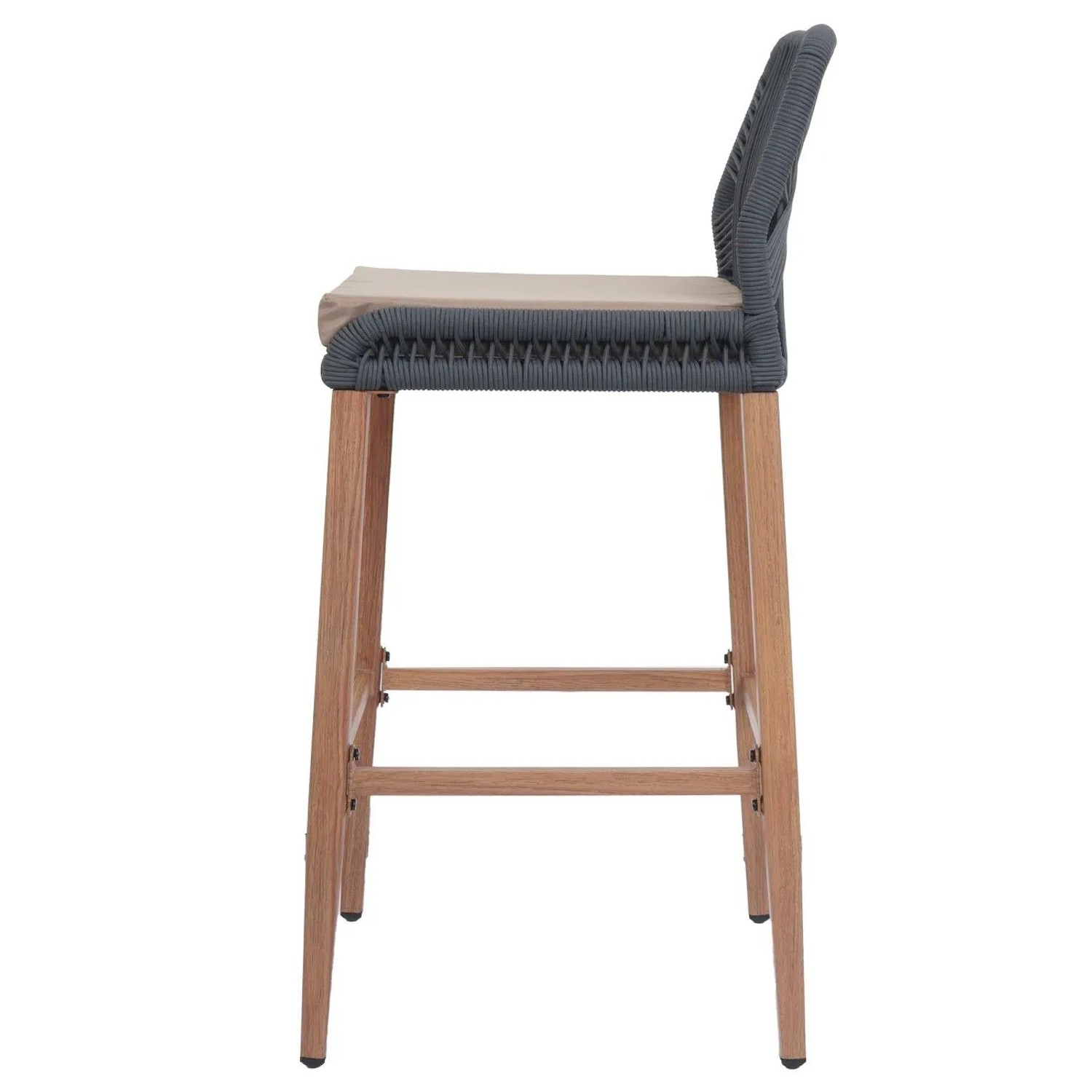 Moderner Barhocker mit anthrazitem Seilgeflecht, taupe Kissen und Holz-Optik Metallbeinen. Mit Fußstütze.