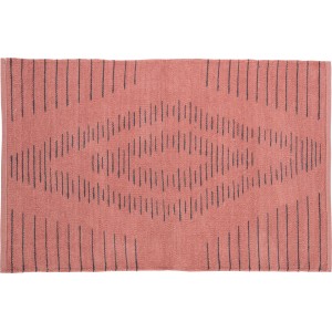 Gemusterter OBI Baumwollteppich in Terracotta-Schwarz, 60x90 cm. Wollteppich mit grafischem Muster.